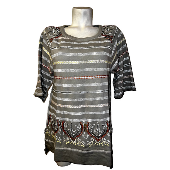 SOFT SURROUNDINGS Top Size M Taupe Striped Embroidered Beaded Artiste Tunic - Picture 1 of 8
